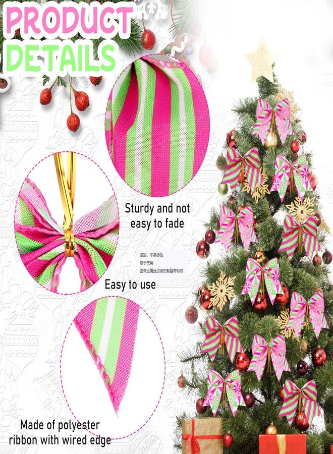 Knitgrip 12 Pcs Christmas Pink Green Bows Decoration 6 Inch Large Christmas Candy Peppermint Bowknots Gift Wrapping Ribbon Garland for Xmas Tree Wreaths Holiday Crafts Party Accessories - Image 3